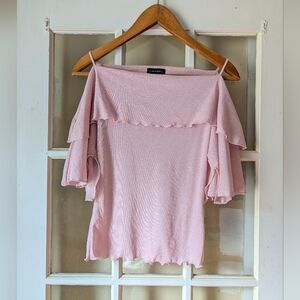 Women's Candies Pink Off The Shoulder Ruffled Neckline Flutter Sleeves Top S/M